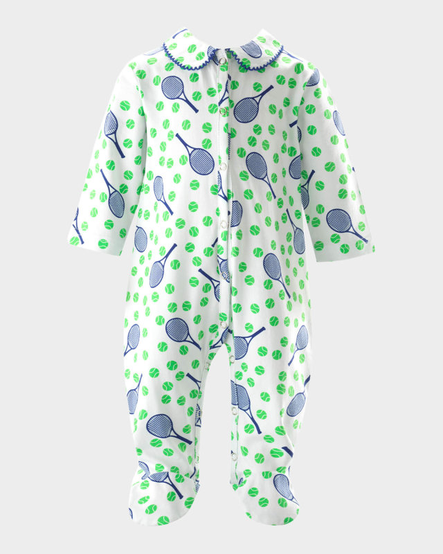 Boy's Tennis-Print Footie, Size Newborn-12M